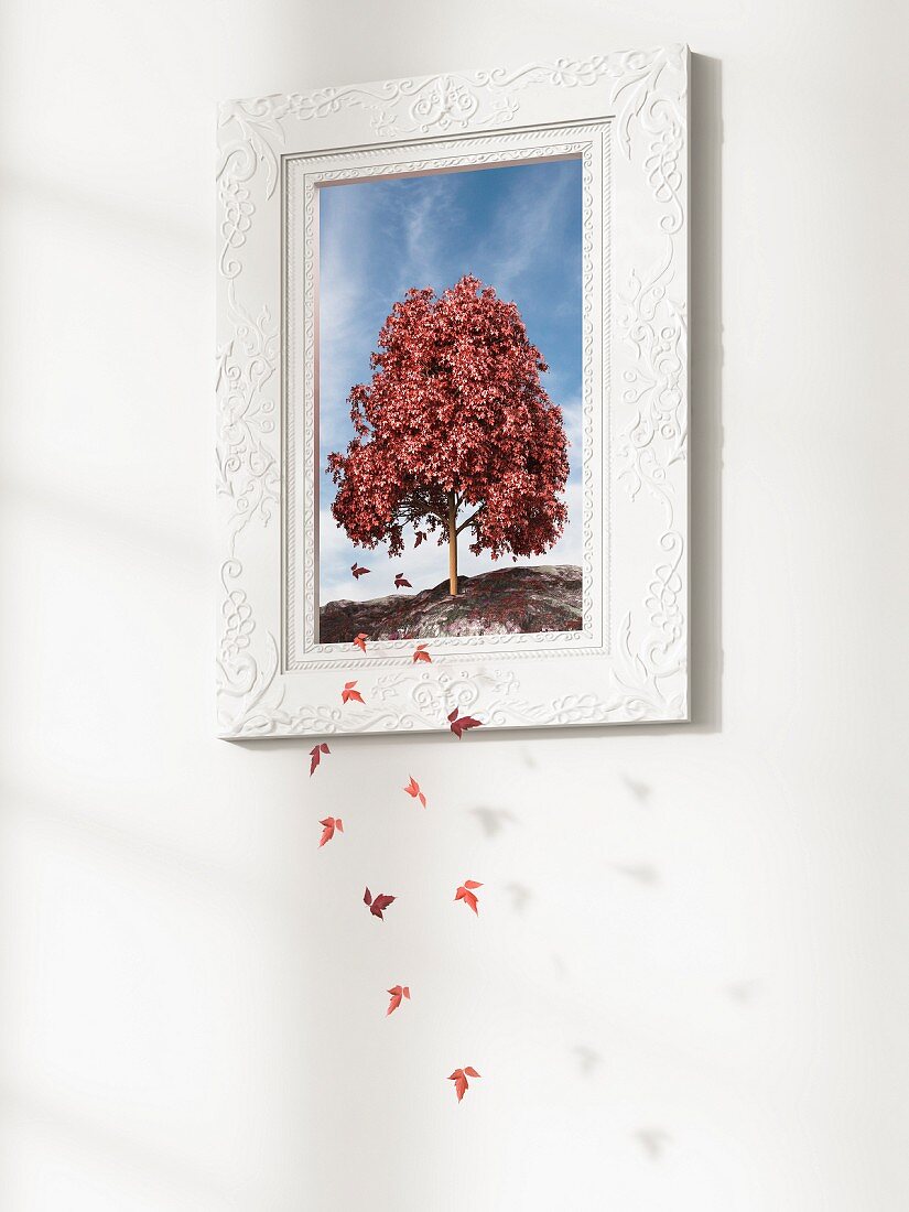 Blätter fallen vom Baum in einem Bilderrahmen, 3D-Rendering
