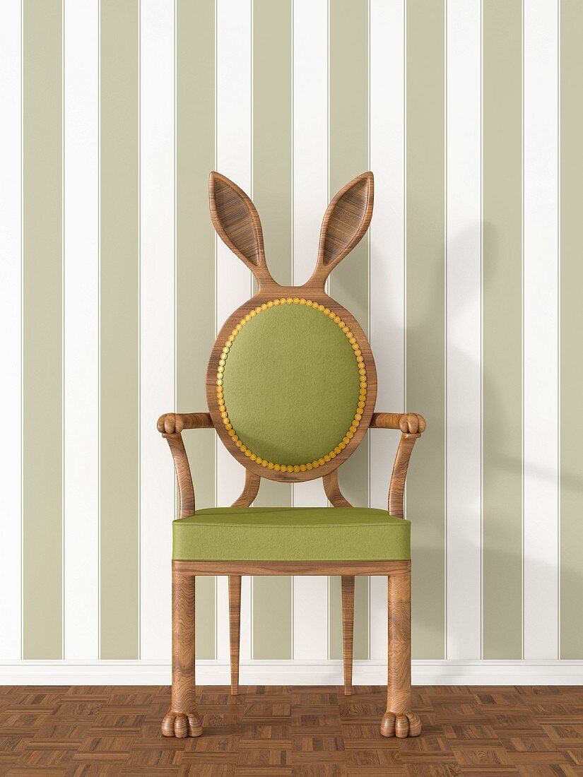 Vintage armchair with rabbit ears against striped wallpaper, 3D rendering