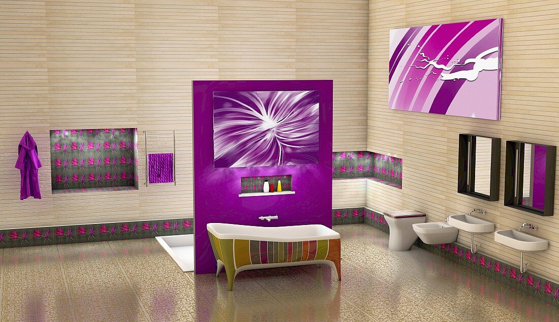 Riesiges Badezimmer mit Violetten Elementen, 3D-Rendering