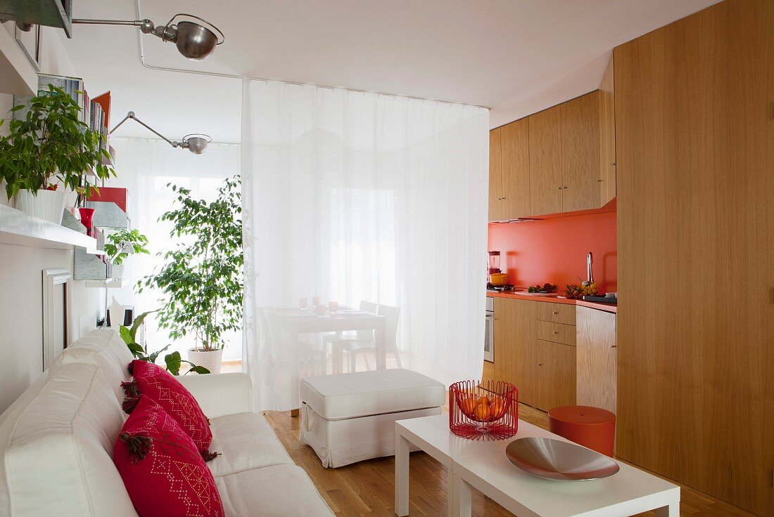Bright living area in one-room apartment separated by white curtains