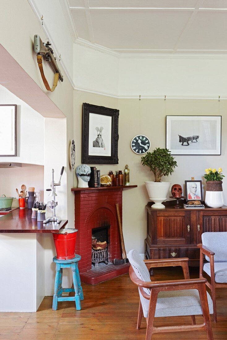 Connection between eclectic kitchen and living room