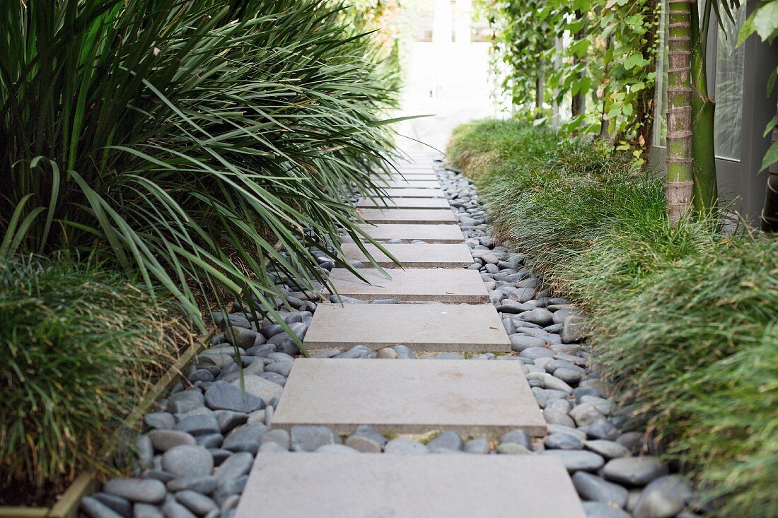 Gartenweg mit Steinplatten und Kieselsteinen zwischen Grünpflanzen