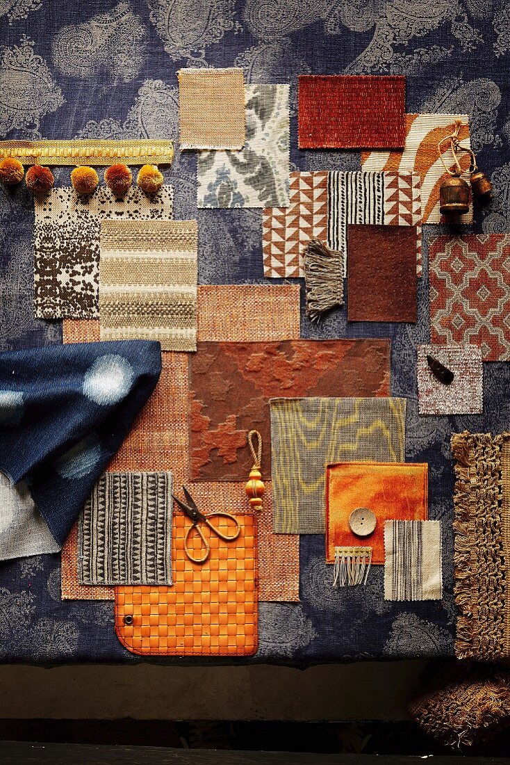Mood board of fabrics in shades of blue and brown