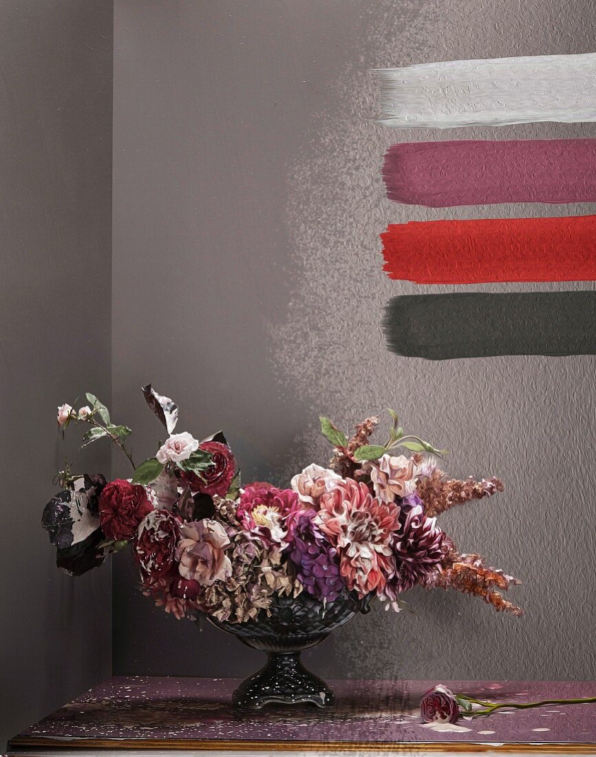 Vase of flowers spattered with paint and paint samples on wall; photographic art