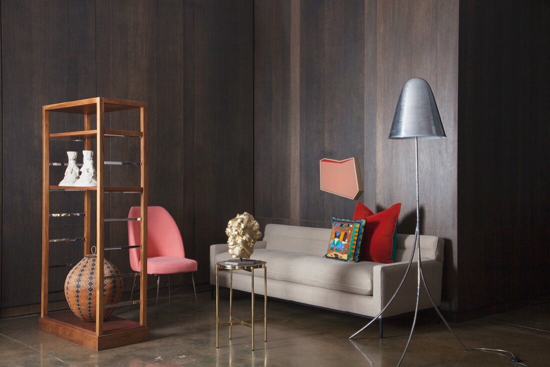 Living room with dark wood panelling on walls