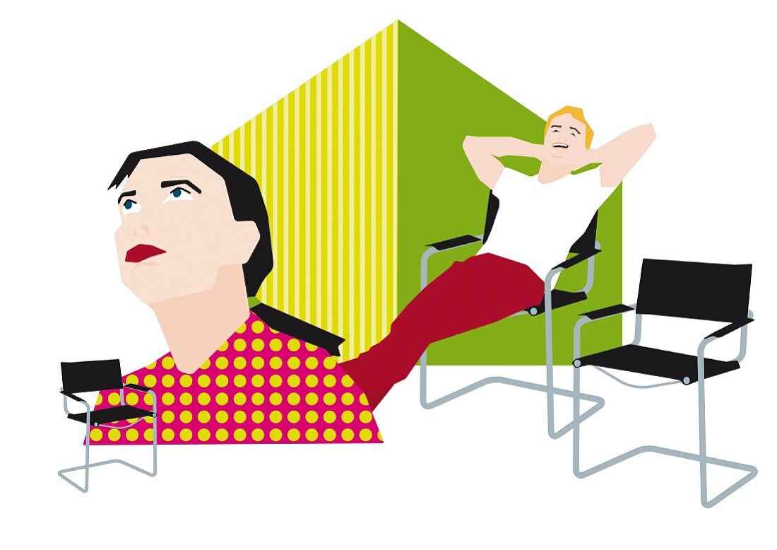 An illustration depicting the conflicting opinions of a man and woman with regard to a cantilever chair