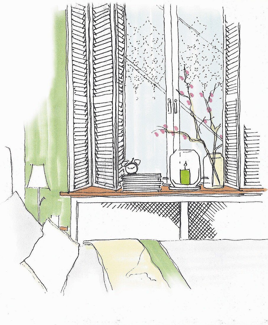 Illustration: Fenstergestaltung mit Innenfensterläden, romantischem Scheibenvorhang und Heizkörperverkleidung