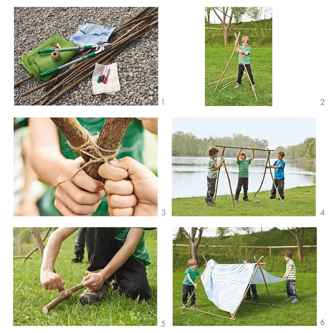Making a play tent from branches and sheet