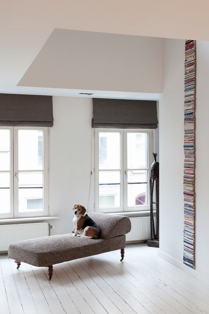 Renovierte Altbauwohnung mit weißem Dielenboden und antike Chaise Lounge mit Hund