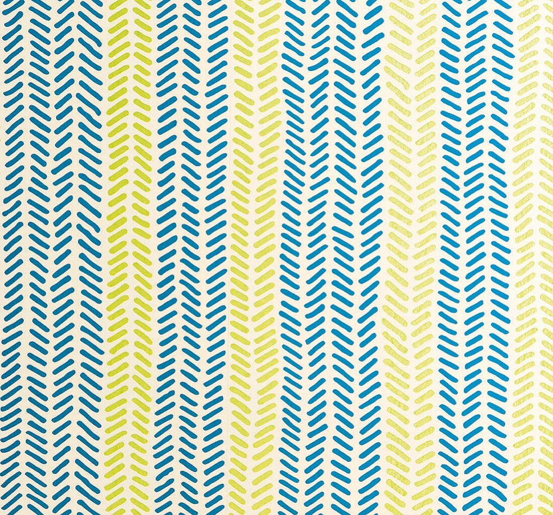 Green and blue non-woven wallpaper with a fishbone pattern