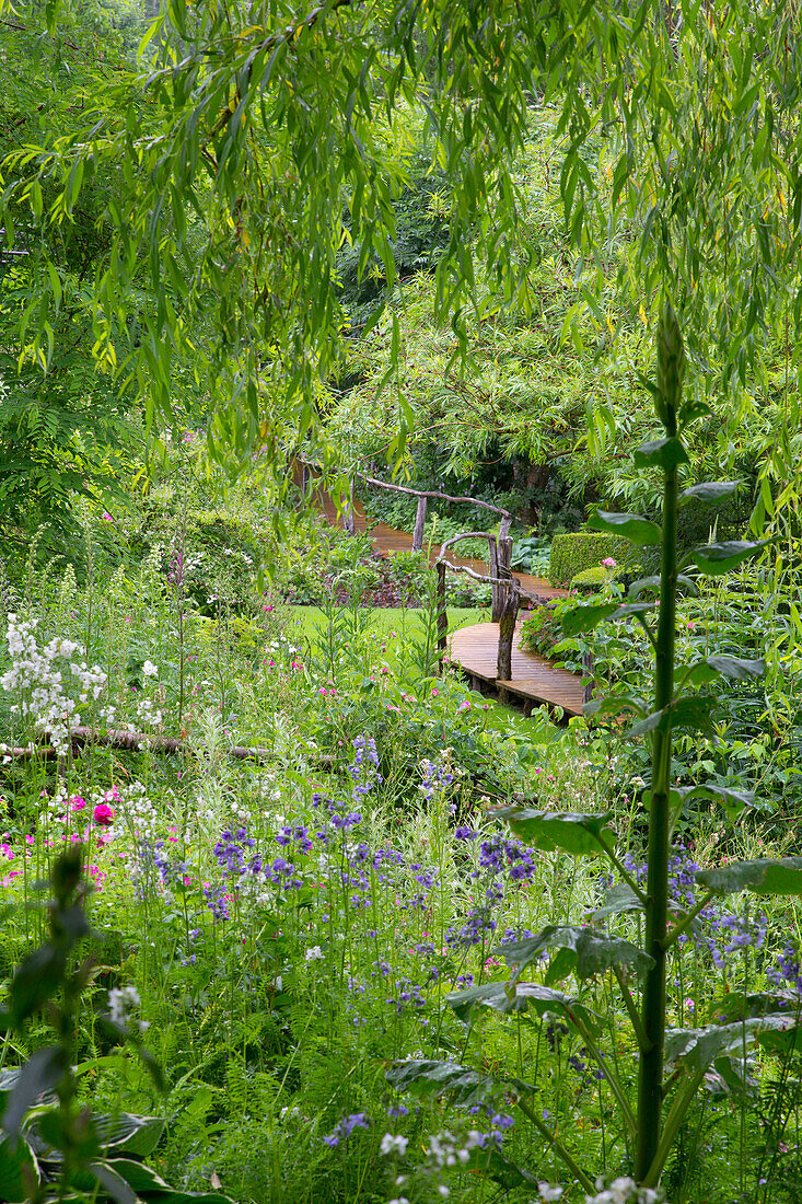 Naturbelassener Garten mit Holzbrücke und Wildblumen im Sommer