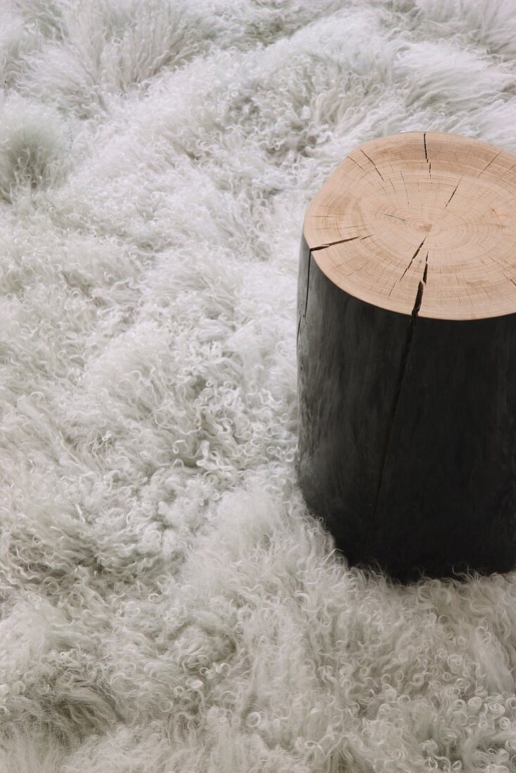 Beistelltisch aus schwarz lackiertem Baumstamm auf flauschigem Teppich