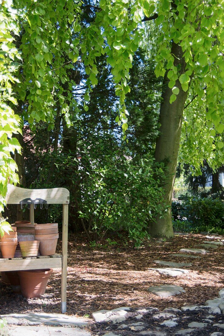 Terracotta-Töpfe auf einer Gartenbank unter einem Baum