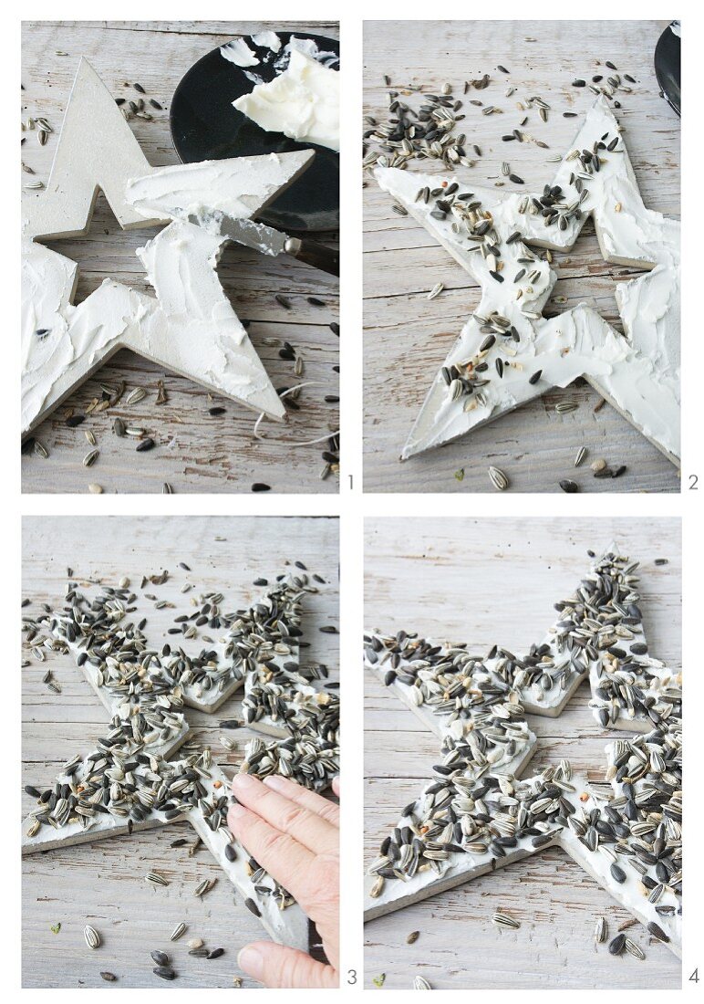 Instructions for making a bird feeder from a wooden star, coconut oil and sunflower seeds