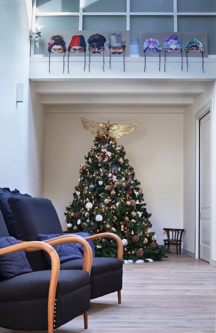 Decorated Christmas tree under mezzanine