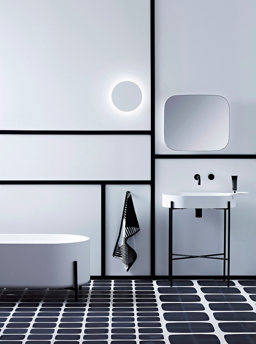 Black and white bathroom with graphic elements