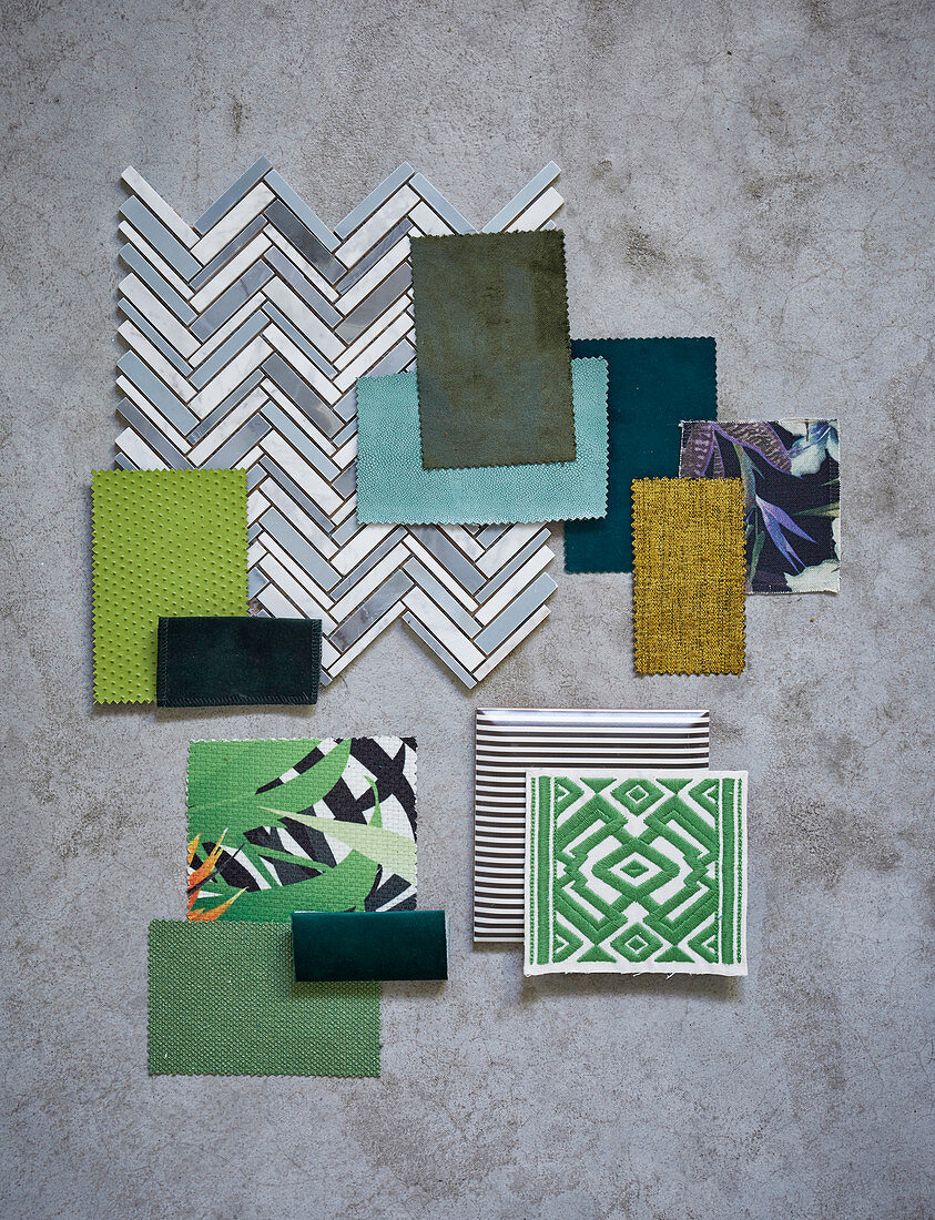Mood board of various materials in shades of green