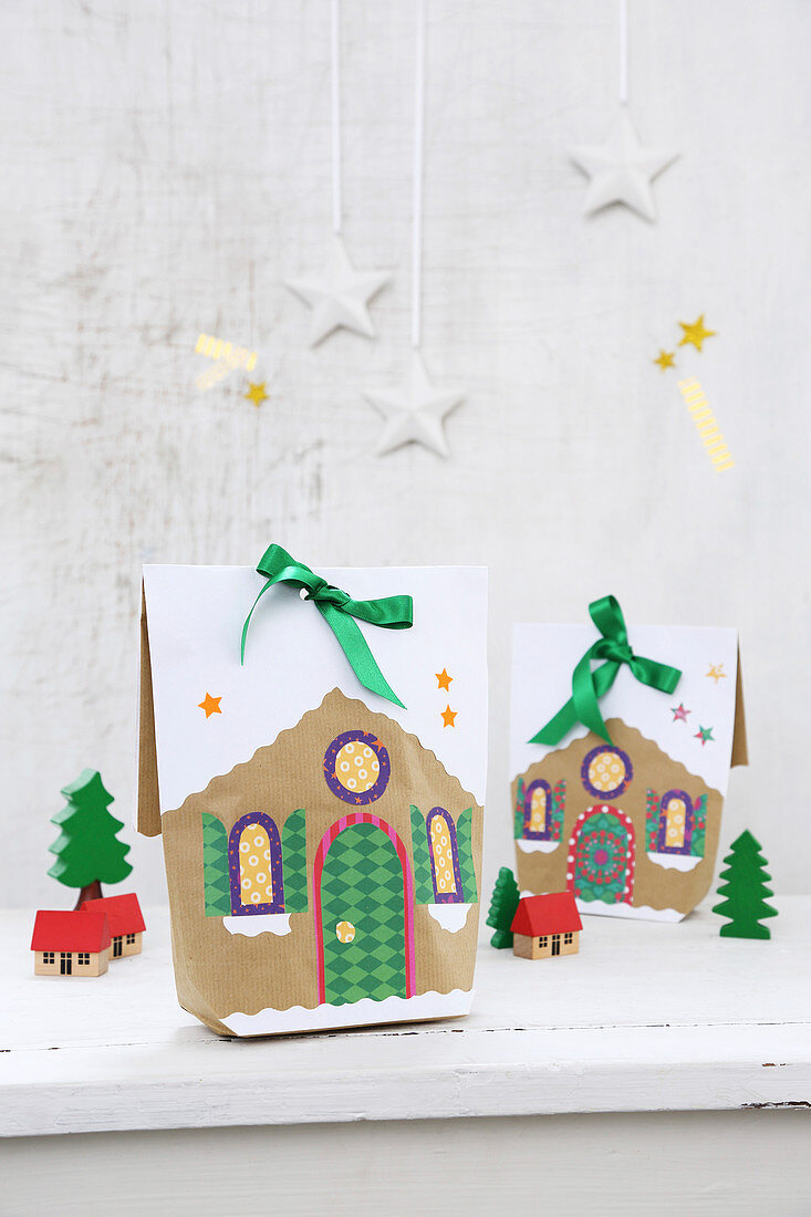 Hand-crafted, gingerbread-house gift bags