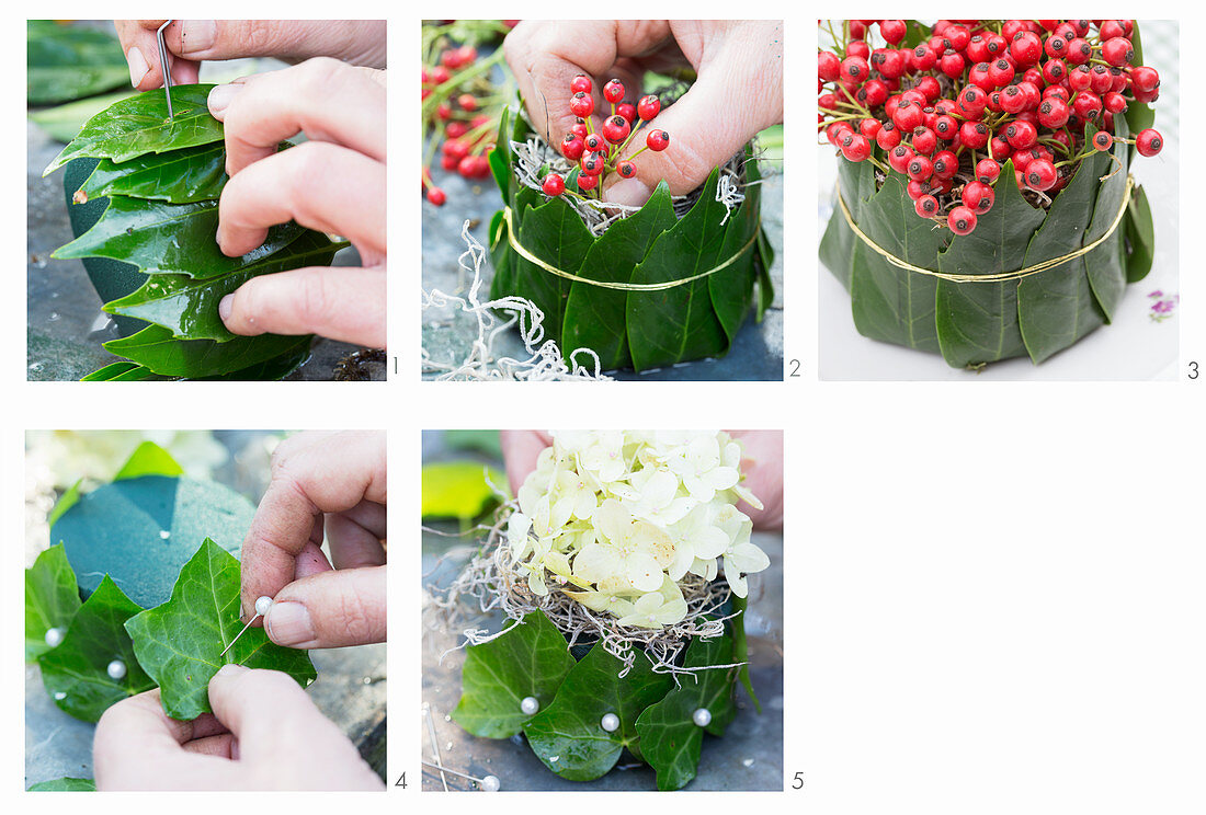 Instructions for making table decoration from red berries, hydrangea flowers, leaves and floral foam