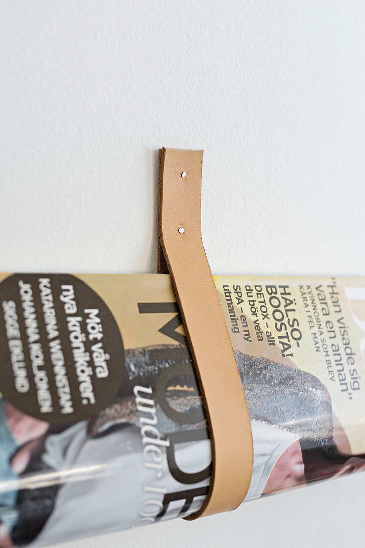 Leather magazine holder on wall