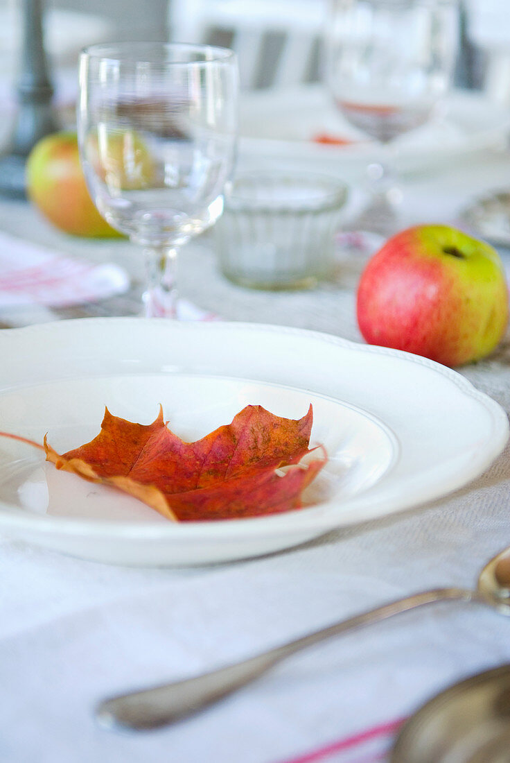 Weißer Teller mit rotem Herbstblatt auf dem gedeckten Tisch mit Äpfeln