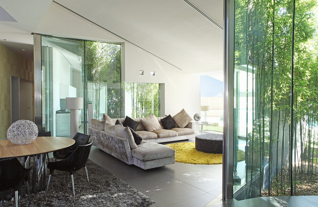 Glass walls with view of bamboo garden in modern living room