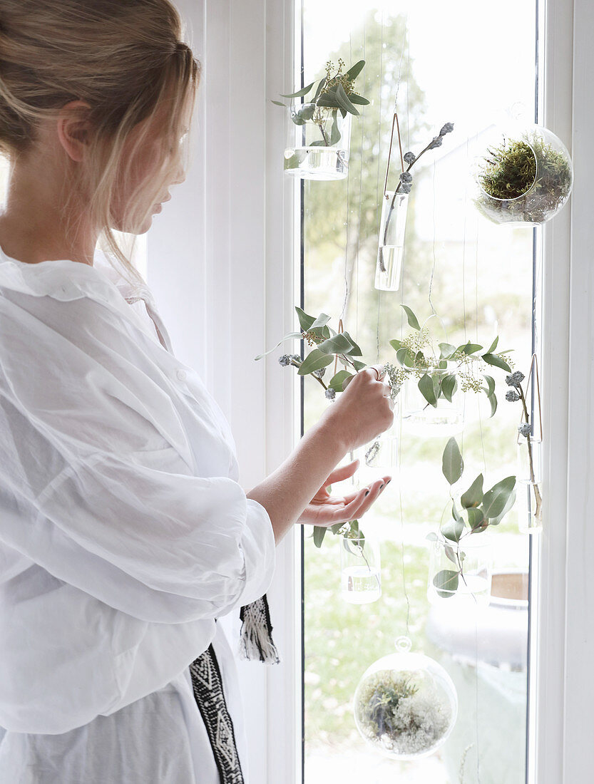 Young woman arranging twigs in glass vases mounted on window