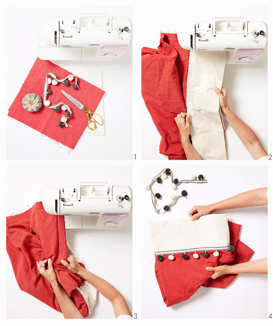 Instructions for a red gift bag with pom pom trim