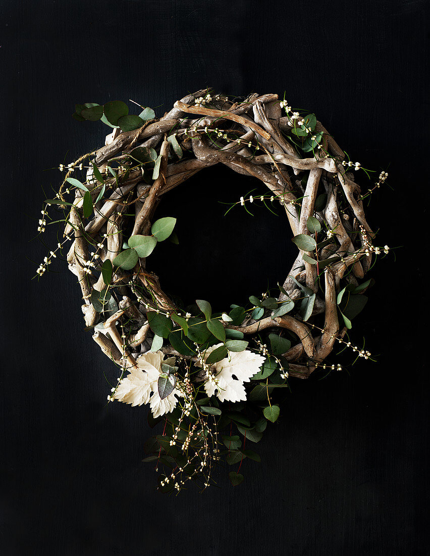 Wreath of woven twigs and eucalyptus leaves