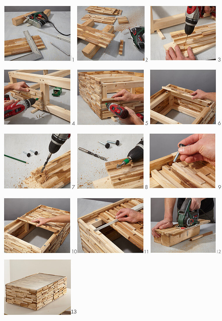 Instructions for making a coffee table from wooden panels and a glass top