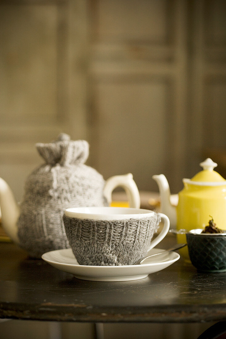 Teetasse und Teekanne mit Stricküberzug