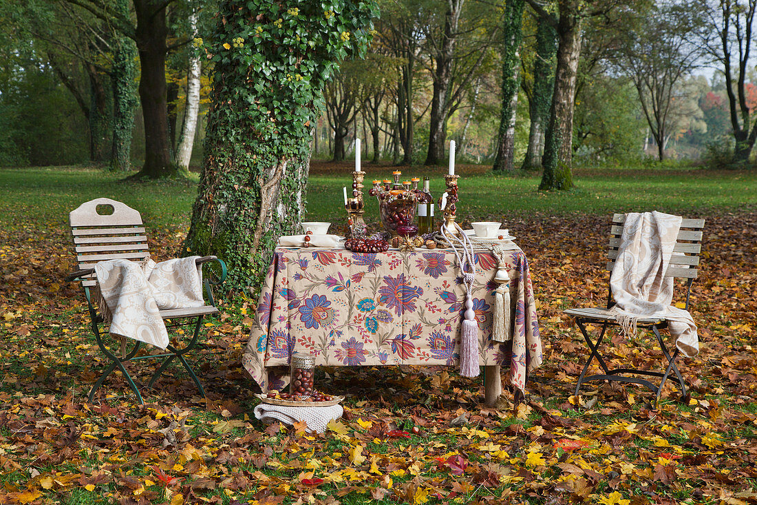 Herbstlich dekorierter Tisch mit zwei Stühlen im Garten