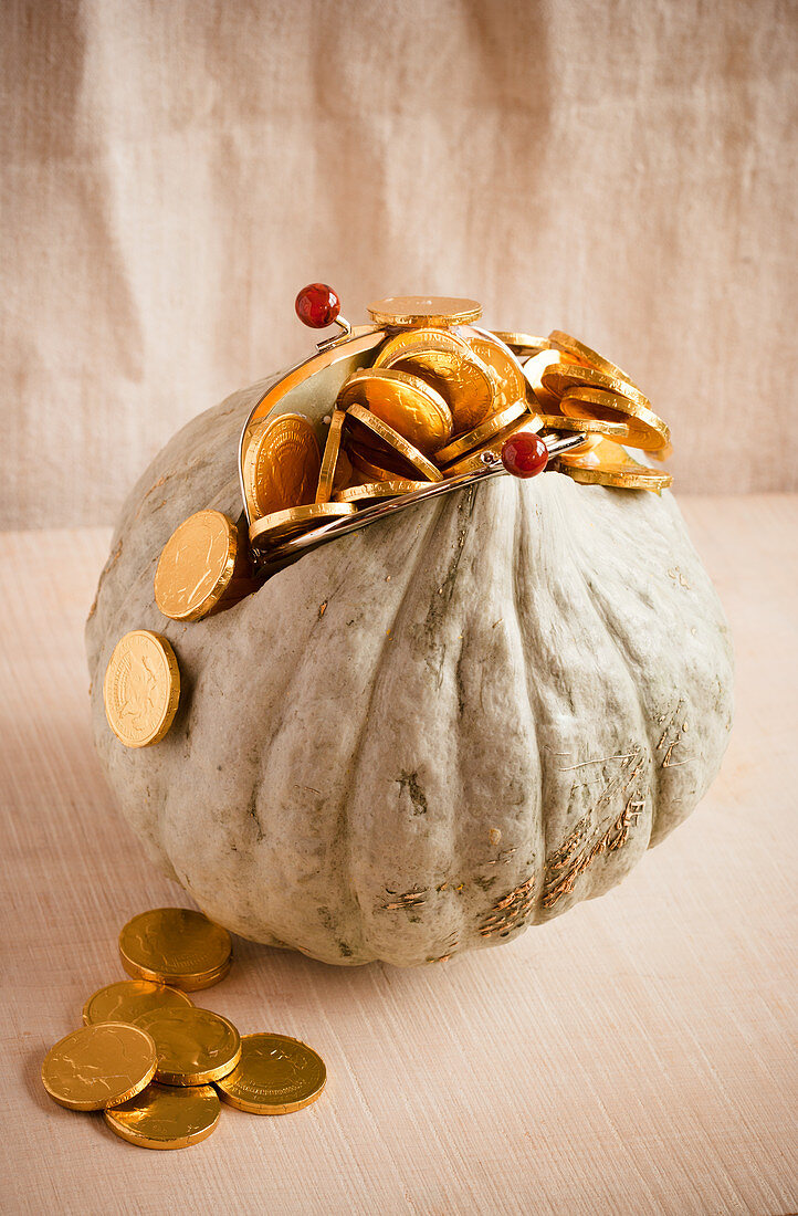 Pumpkin decorated to look like purse