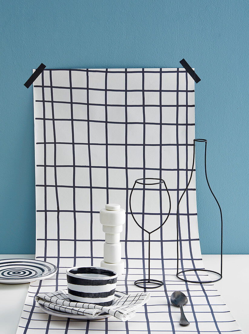 Hand-made checked table runner and crockery