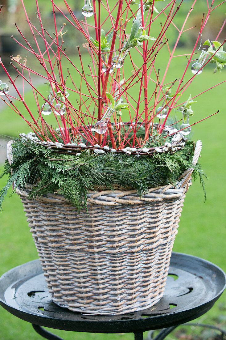 Florist's winter arrangement in wicker basket