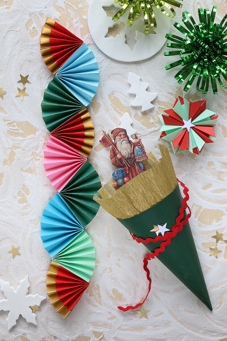 Christmas decorations hand-made from colourful paper