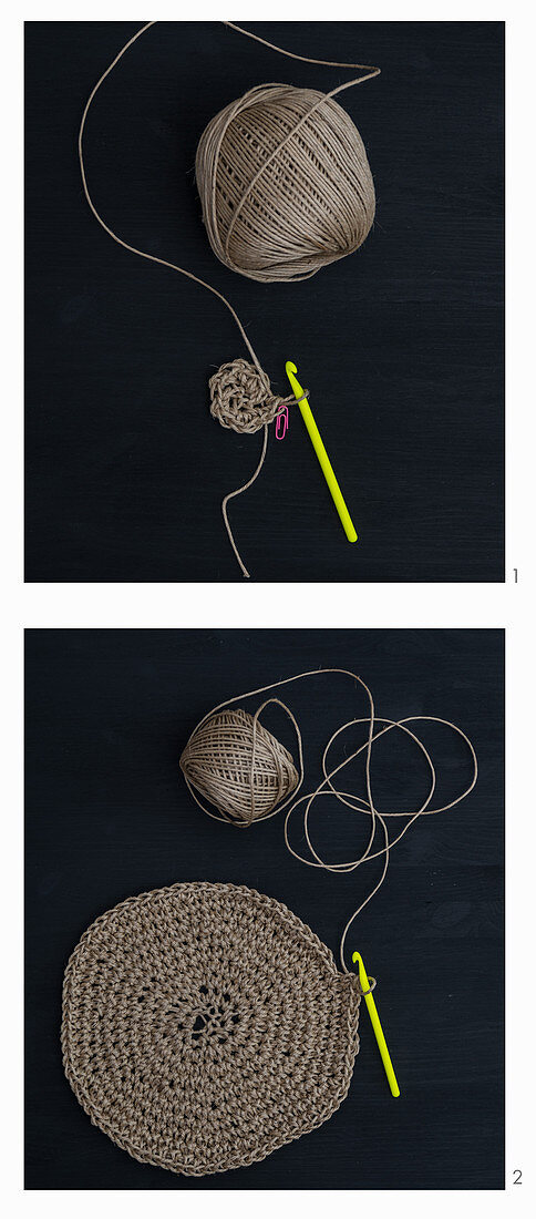 A basket being crocheted from string