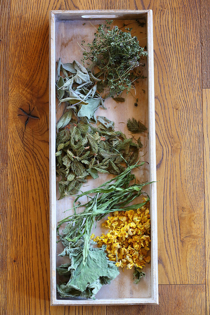 Tray of dried leaves for making homemade herbal tea