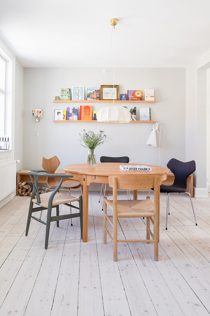 Bright dining room in retro Scandinavian style