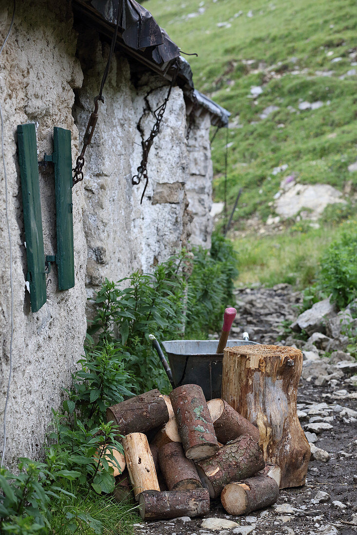 Holz mit Axt und Schubkarre neben Almhütte