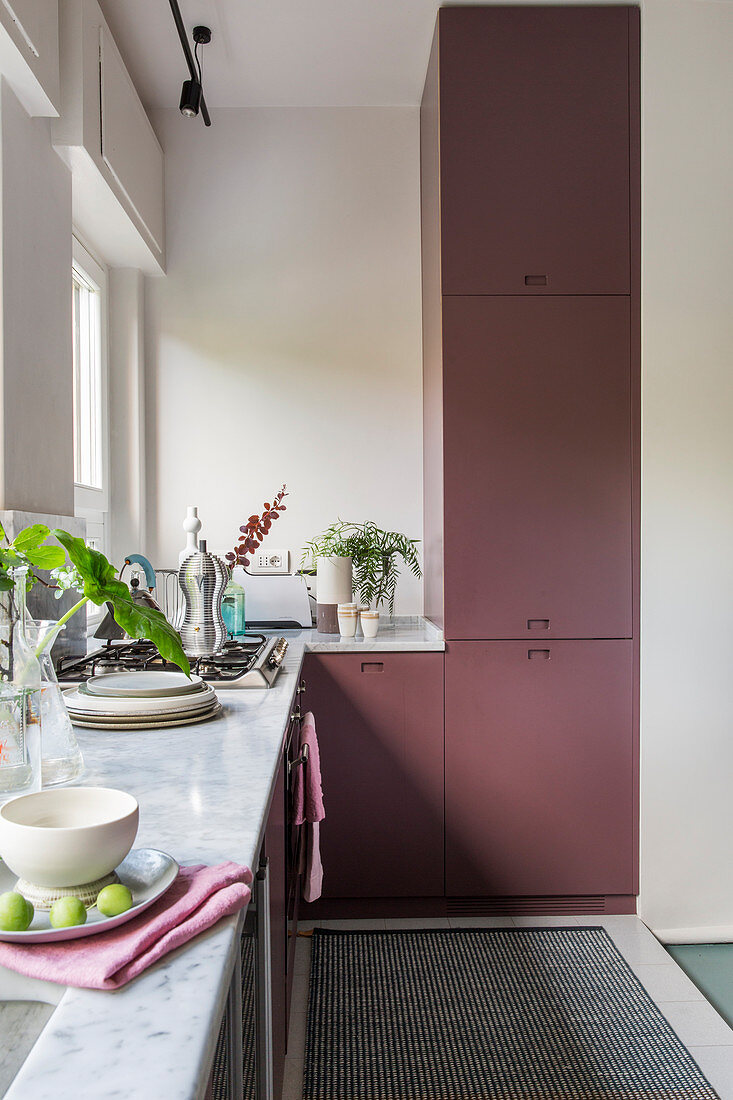 L-shaped kitchen counter with claret-coloured cabinets