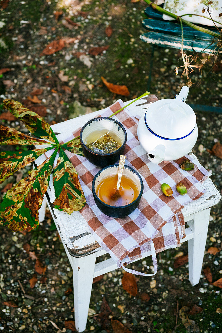 Teekanne mit Teeschalen auf Holzhocker im Garten