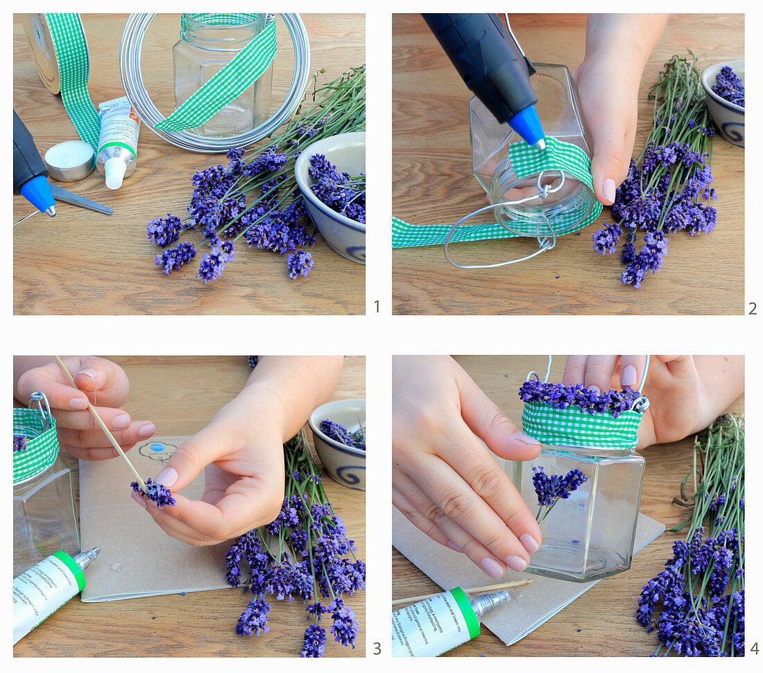 Instructions for making a candle lantern decorated with scented lavender and gingham bow
