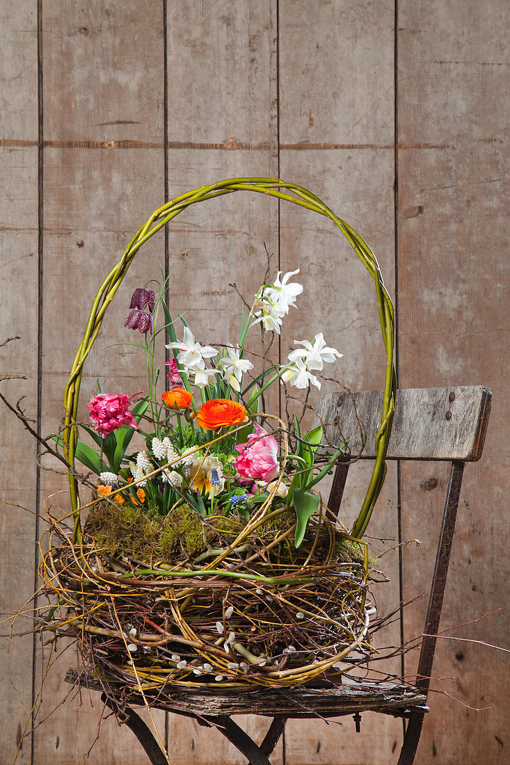 Körbchen aus Weidengeflecht mit Frühlingsblumen auf einem Stuhl