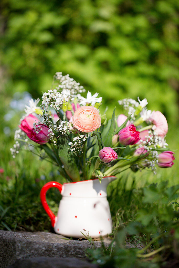 Spring Bouquet With Ranunculus, Tulips And Gypsophila