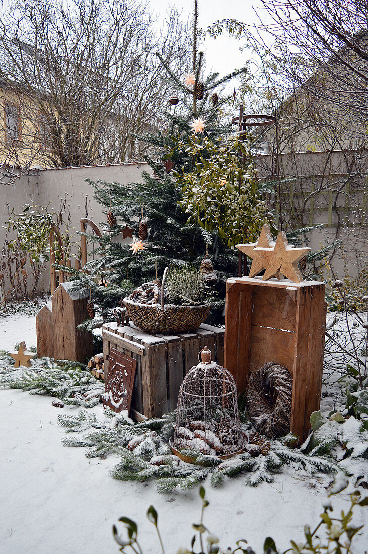Christmas Terrace With Fir Tree And Stars Made Of Wood