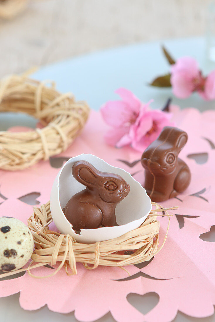 Schokoladenosterhasen in Eierschale und Bastnest auf rosa Papierdeckchen