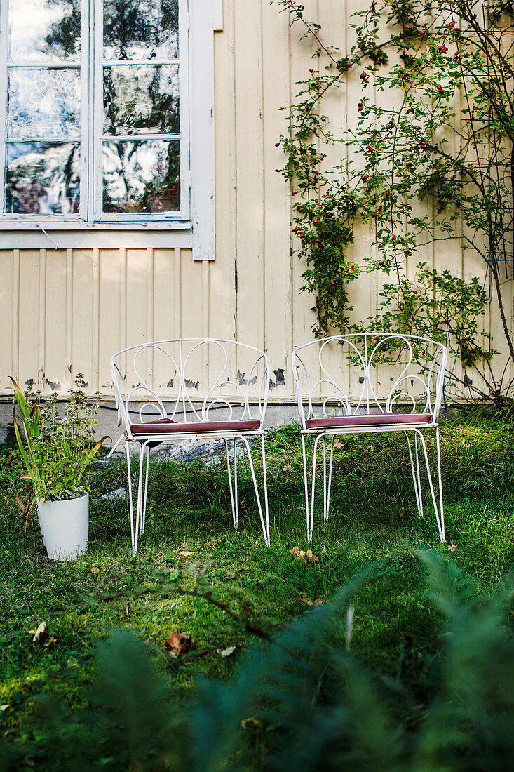 Vintage Metallstühle neben Blumentopf im Garten