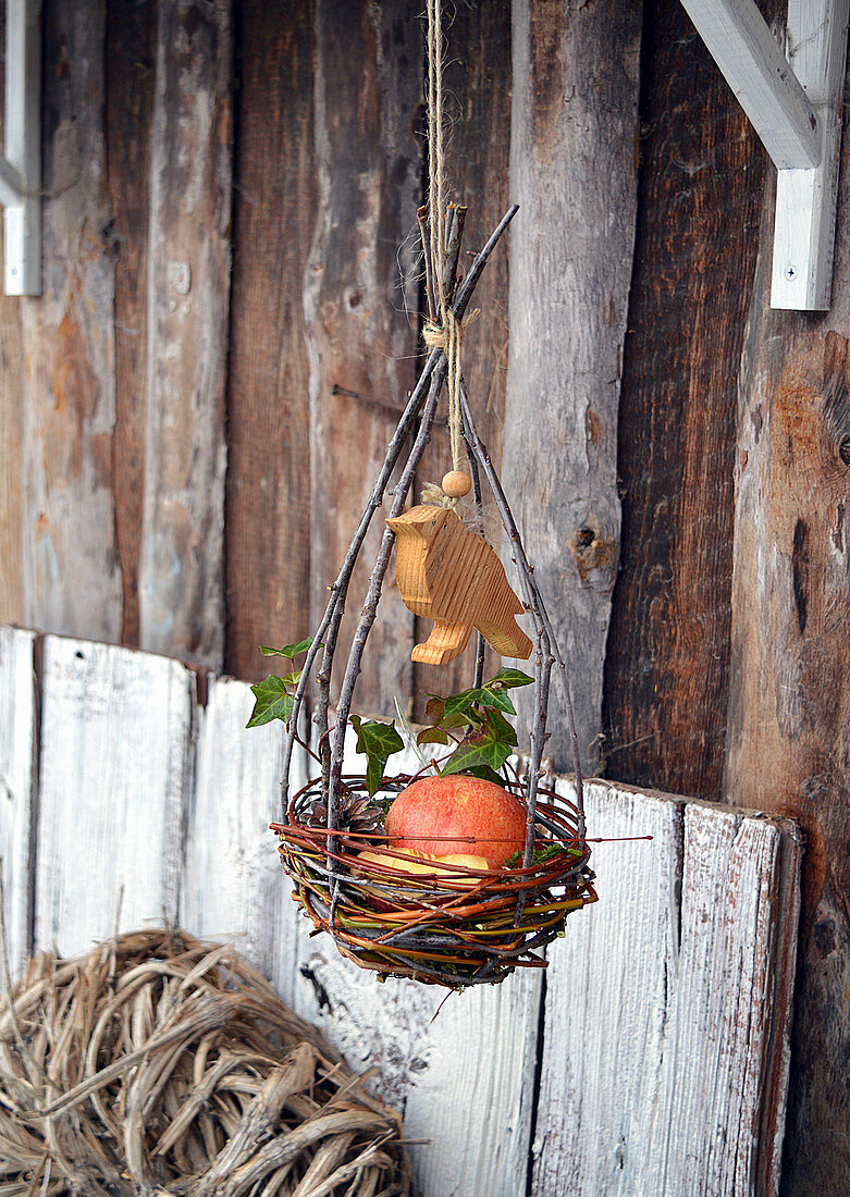 Apfel im selbstgemachten Nest aus Zweigen