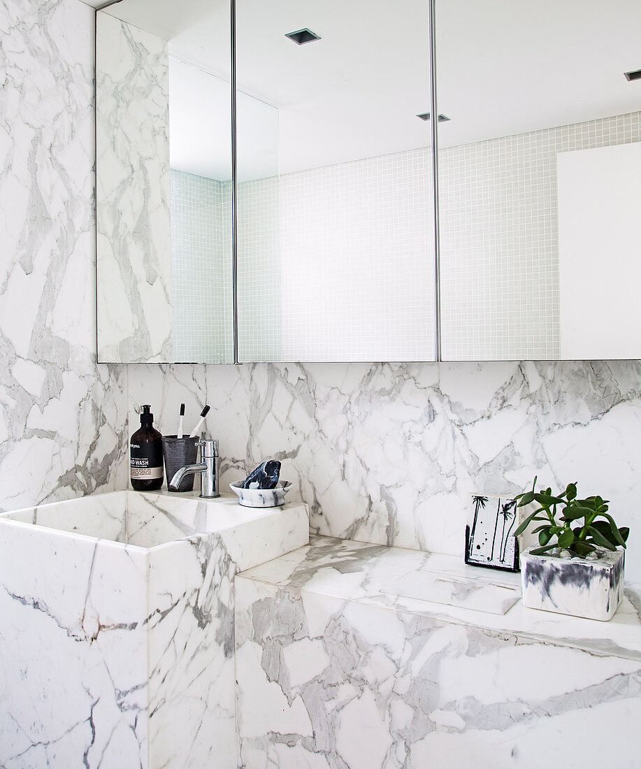 Mirror cabinet over sink and ledge in marble bathroom
